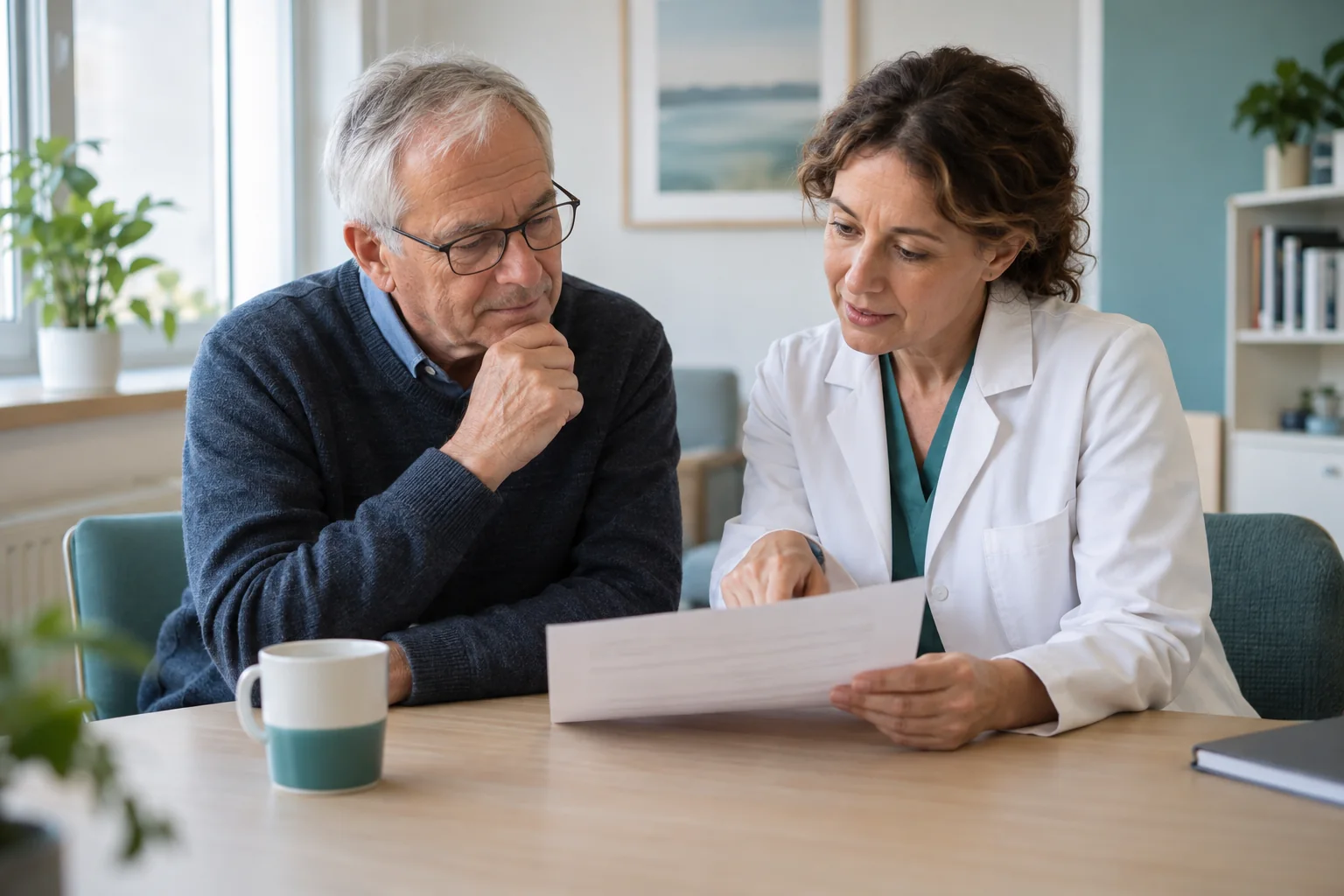 An older adult and a clinician reviewing a written report together.
